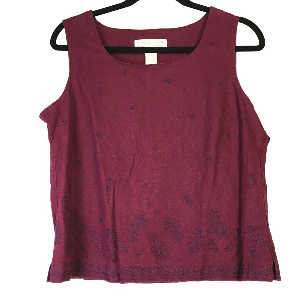 Norton McNaughton Burgundy Linen Blend Paisley Embroidered Sleeveless‎ Top Large